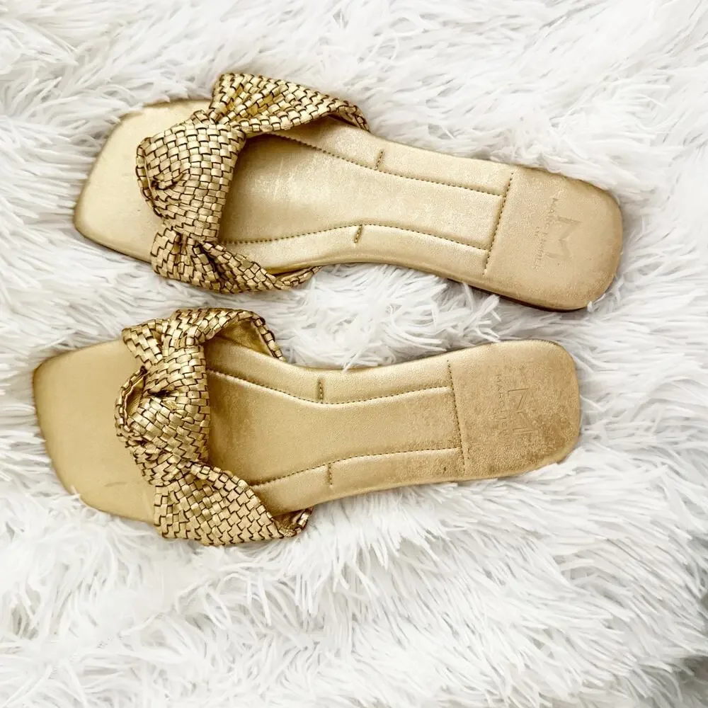 MARC FISHER |‎ Gold Woven Knot Slide Sandals Flat | Size 7.5